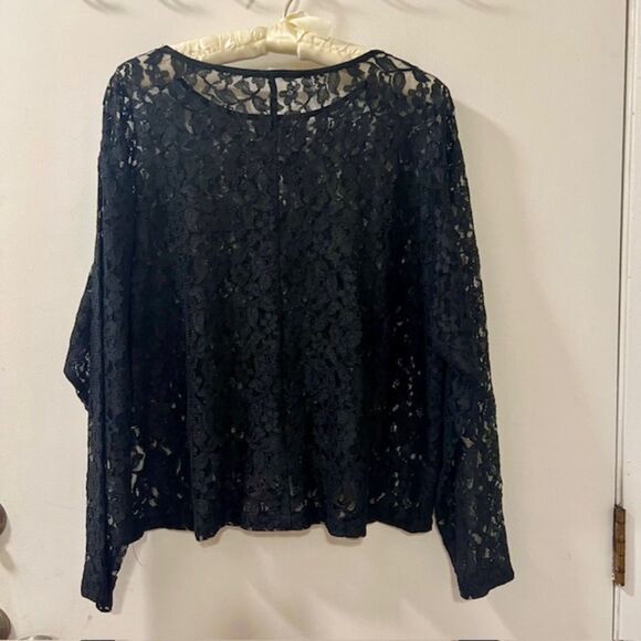 Womens Black Lace Scoop Neck Rayon Nylon See Thru LS Top Sz LG/XL - Made in USA - Picture 3 of 8